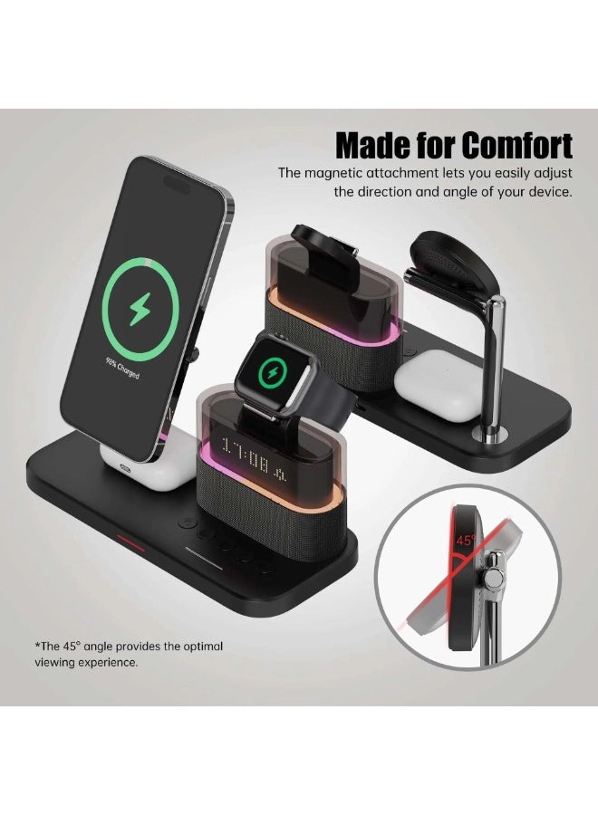 5-in-1 Magnetic Wireless Charging Station with Digital Alarm Clock & RGB Night Light - MagSafe Compatible Fast Charger for iPhone 17/16/15/14/13/12, Apple Watch Ultra/11/10 & AirPods Pro - Desktop Organizer Dock with Snooze & Dimmable LED - Image 1